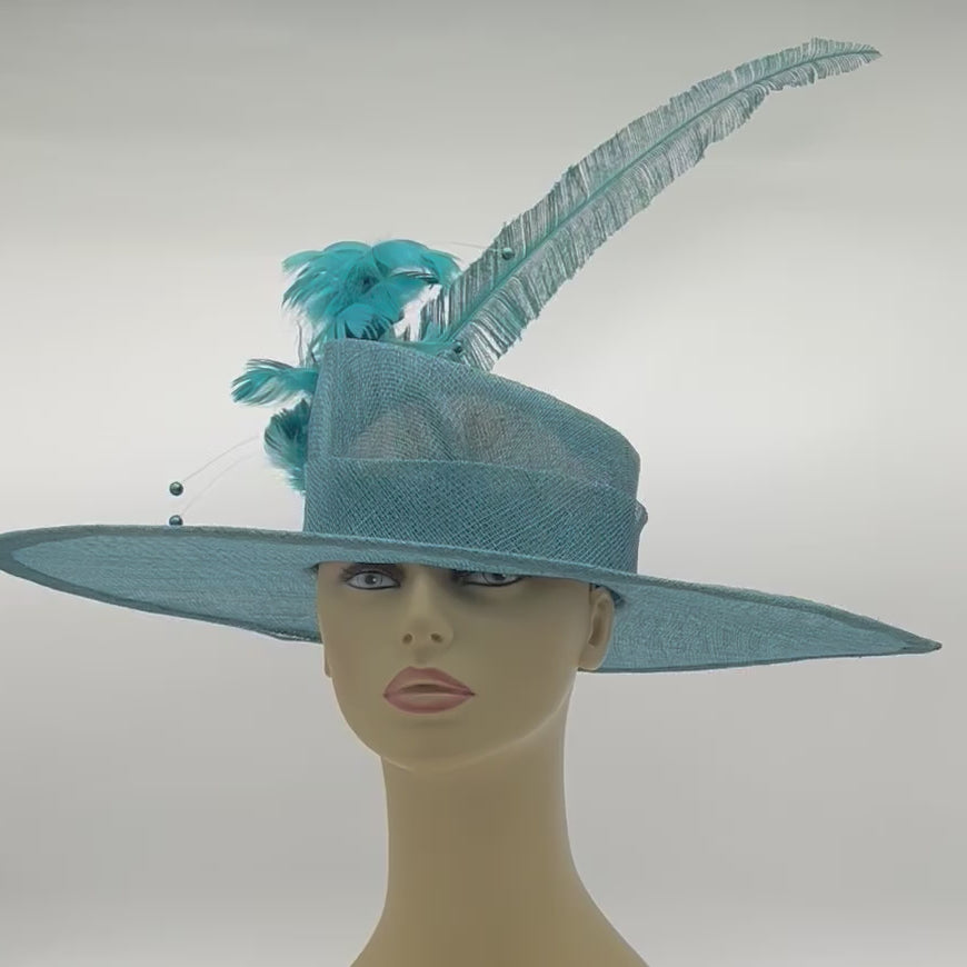 Beautiful Teal Big Brimmed Hat with Asymmetrical Crown and Feathers Great for Derby Steeple Chase Garden Party or Special Occasion