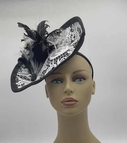 Sinamay and Lace Black and White Saucer, Great for Kentucky Derby, Ascot or Church