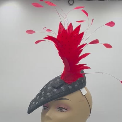 Black and white Percher Fascinator with Red and Black Feathers for Special Occasion
