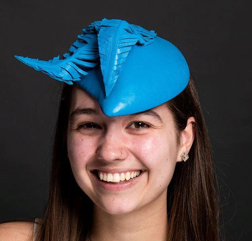 Royal Blue Leather Percher Hat with Leather "Feathers"