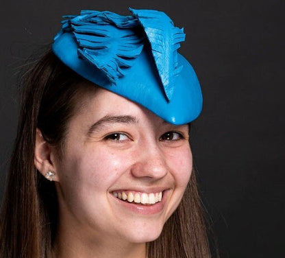 Royal Blue Leather Percher Hat with Leather "Feathers"