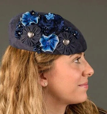 Navy Leather Hat with Flowers