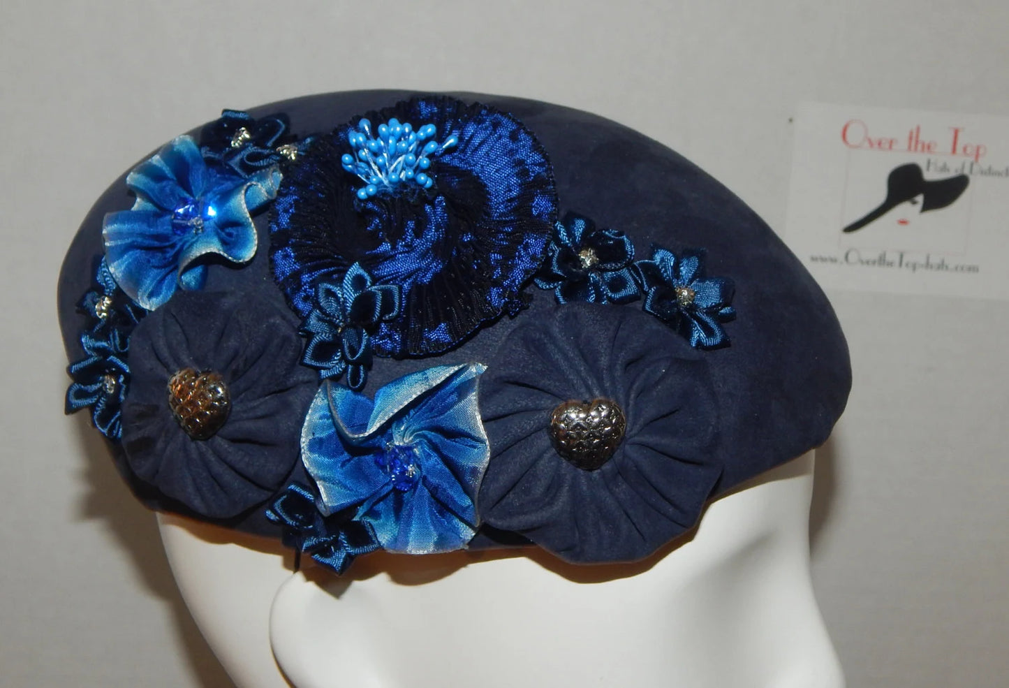 Navy Leather Hat with Flowers